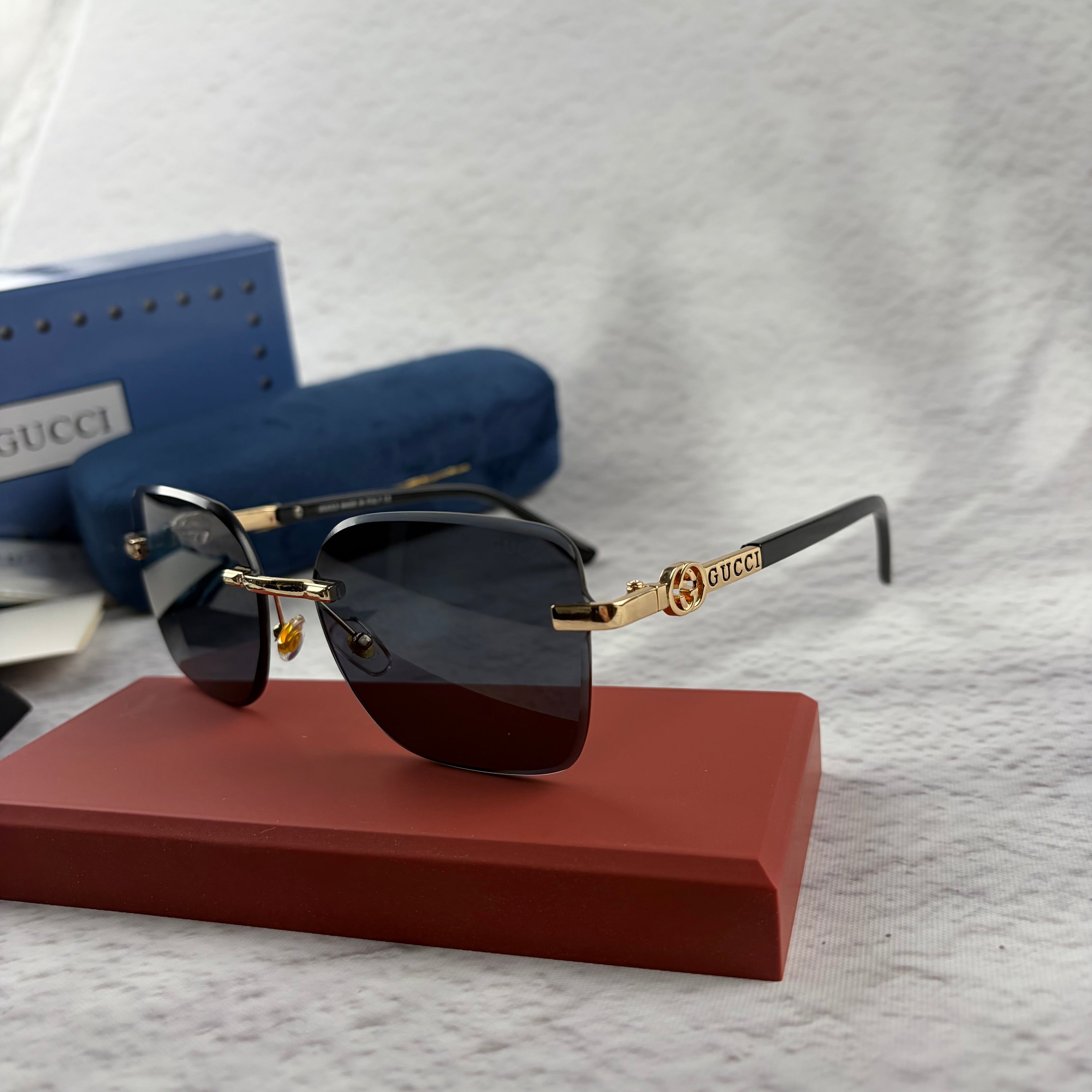 Rimless Rectangular Sunglasses with Gold-Tone Accents & UV Protection