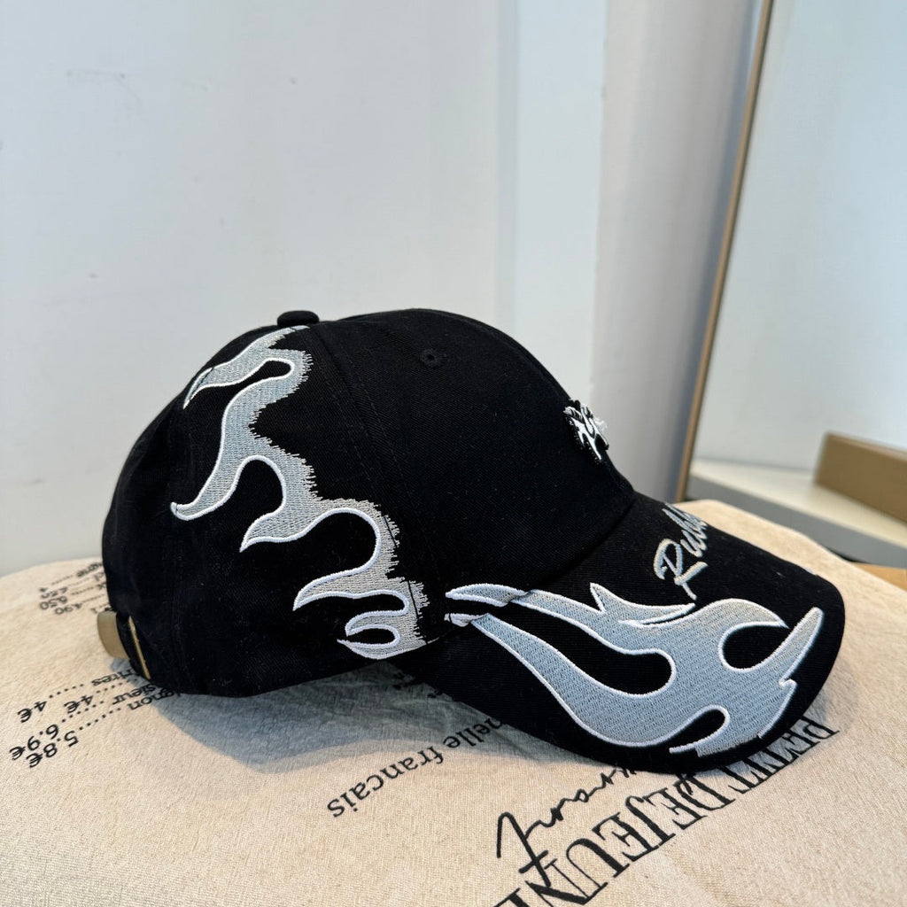 Streetwear Flame Embroidery Baseball Cap - Cotton Unisex Sun Hat