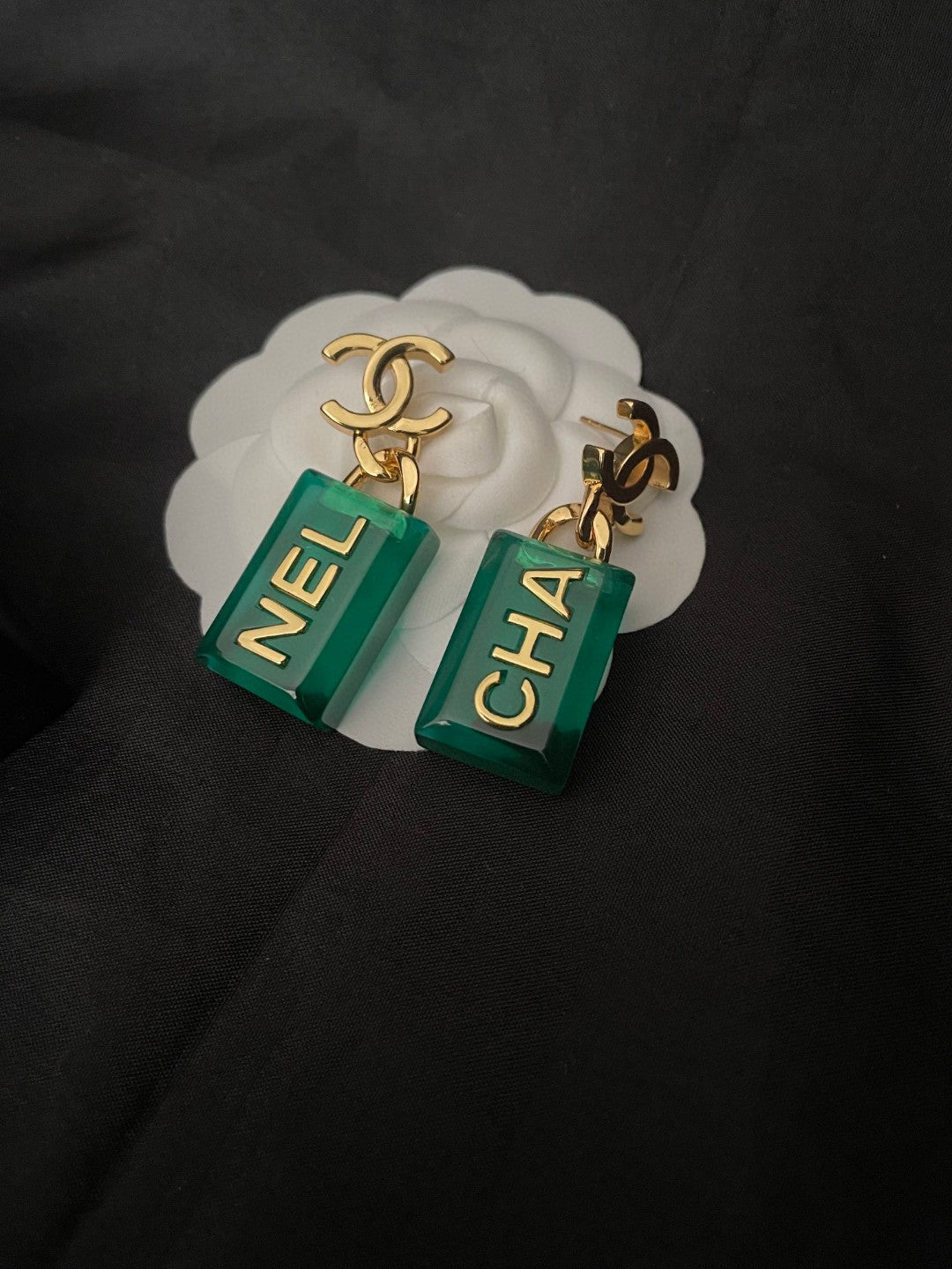 18K  Chanel Green Perfume Bottle Earrings