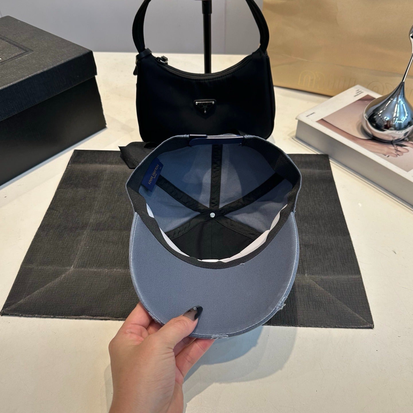 Distressed Denim Baseball Cap with Embroidered Monogram — Washed Blue
